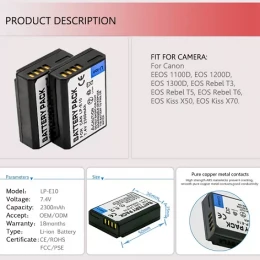 Lp-E10 EOS 1100D 1200D 1300D, 4000D,Kiss X50 X70 X80 EOS Rebel T3 T5 T6  durable Battery Camera For Canon