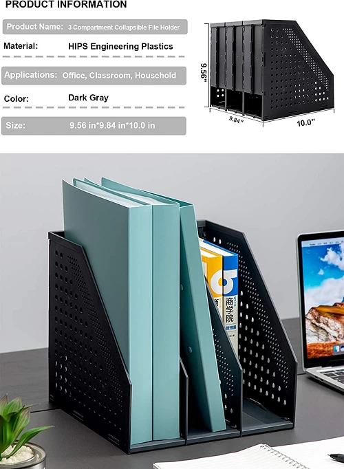 Deli Collapsible Magazine File Holder Desk Organizer for Office Organization and Storage with 3 Vertical Compartments Foldable triplicate magazine file E79003 - A5 size