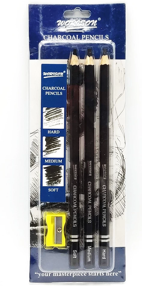 Worison Black Charcoal Pencils With sharpner (Hard,Midium,Soft) - 3 Pcs