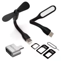 Portable Flexible USB Mini Fan, LED Lamp With OTG & SIM Adapter Combo