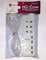 HD STAR- EXTENSION SOCKET MULTI PLUG High Quality 100%Brush Contact,Max-2500W,5Points-3/2 Sockets, 2/3 Sockets,1 Light Model No.-117=STRONG 2Pin-3M/10 Feet Wire- 1 Piece