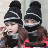 Set 3 Hats Women Winter Beanies Velvet Thick Bib Ear Protector