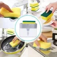 2 In1 Kitchen Liquid Soap Pump Dispenser Sponge Holder Press Countertop Rack With Sponge Holder Kitchen Cleaner Tool Gray