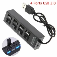4 Ports USB 2.0 Hub LED USB Hub With Switch - Black